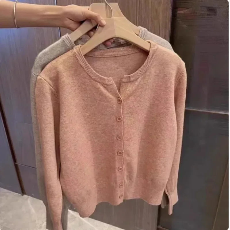 Women Soft Knit Cardigan O-Neck Long Sleeve Casual Sweater