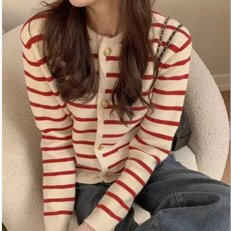 Women Striped Knit Cardigan O-Neck Long Sleeve Casual Sweater