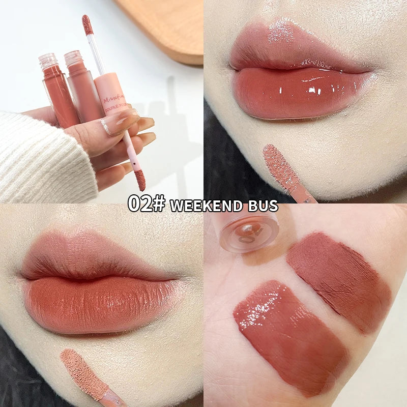 LIP GLOSS DUA MUKA KILAP & BELUDU WARNA CANTIK TAHAN LAMA | Double End Lip Glaze Mirror Shine & Matte Velvet Long Lasting Lip Gloss Cosmetics