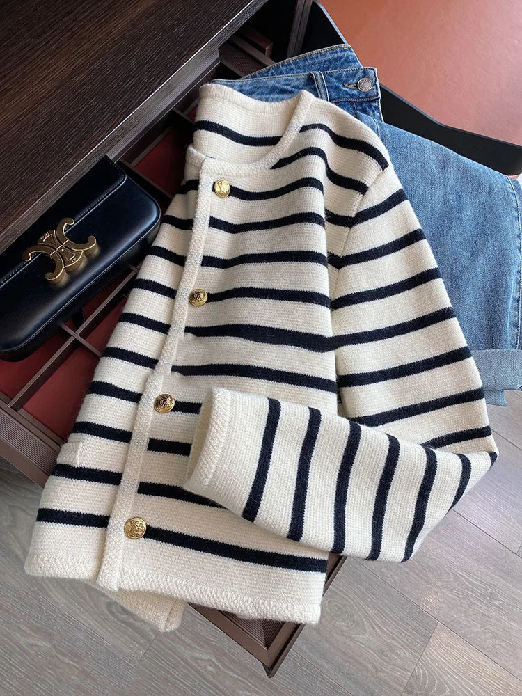 Women Striped Knit Cardigan O-Neck Long Sleeve Casual Sweater
