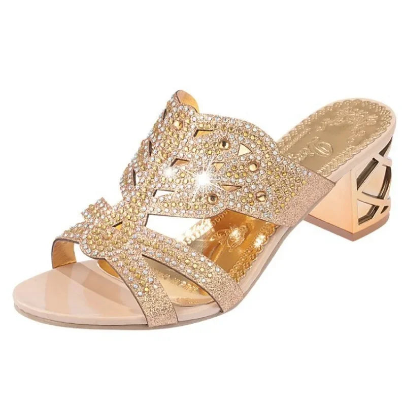 SANDAL WANITA MUSIM PANAS HIASAN PERMATA HAK TEBAL NYAMAN & ELEGAN | Women's Summer Rhinestone Thick Heel Sandals Open Toe Comfortable Party Casual Wear