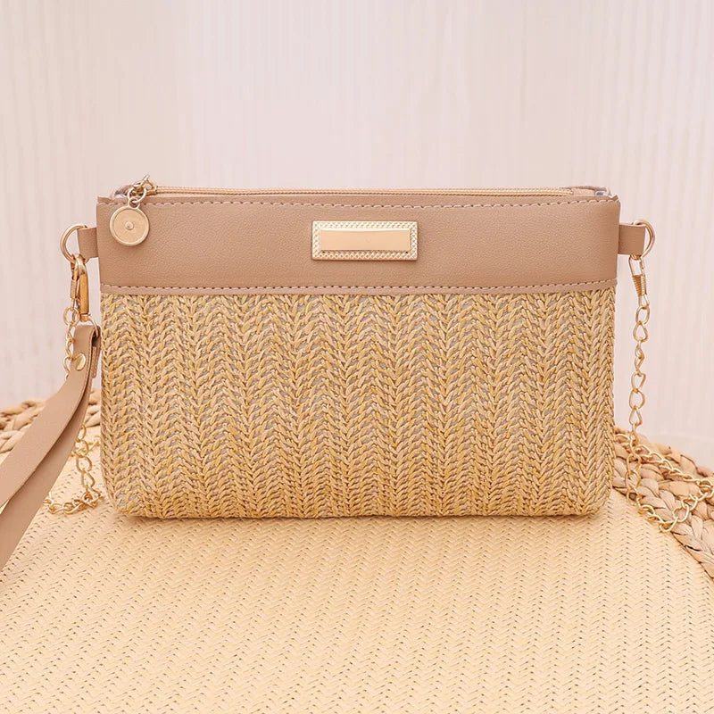 Women Straw Woven Crossbody Bag Chain Strap Summer Casual Handbag 2 Colors