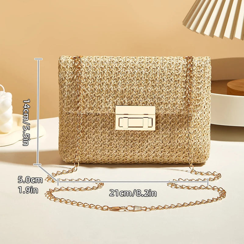 Women Straw Woven Lock Crossbody Bag Chain Strap Summer Mini Shoulder Bag