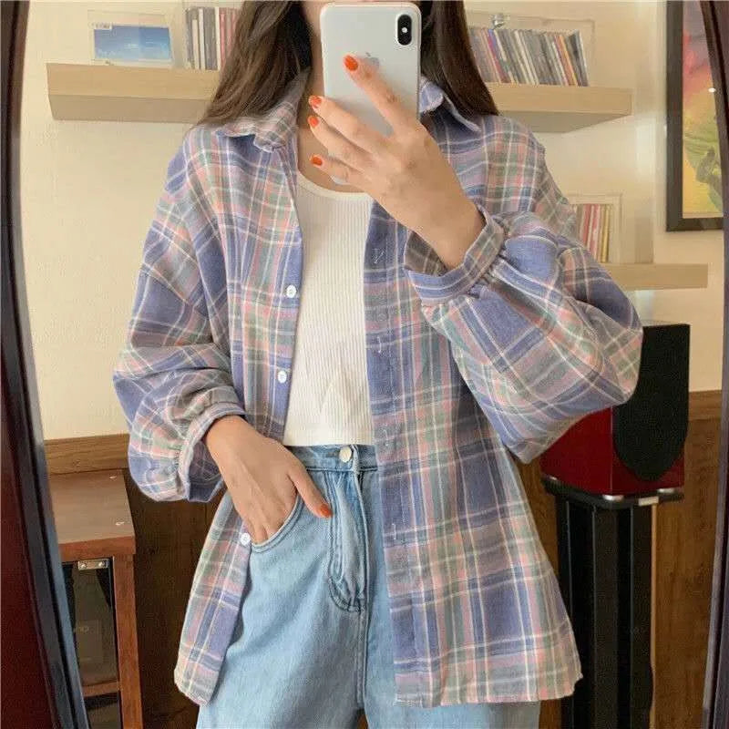 KEMEJA WANITA MOTIF KOTAK-KOTAK LENGAN PANJANG GAYA SANTAI & ELEGAN | Women's Plaid Shirt Long Sleeve Vintage Loose Casual Blouse Fashion