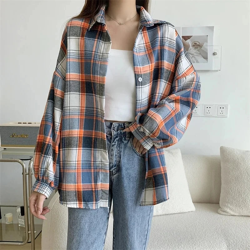 KEMEJA WANITA MOTIF KOTAK-KOTAK LENGAN PANJANG GAYA SANTAI & ELEGAN | Women's Plaid Shirt Long Sleeve Vintage Loose Casual Blouse Fashion