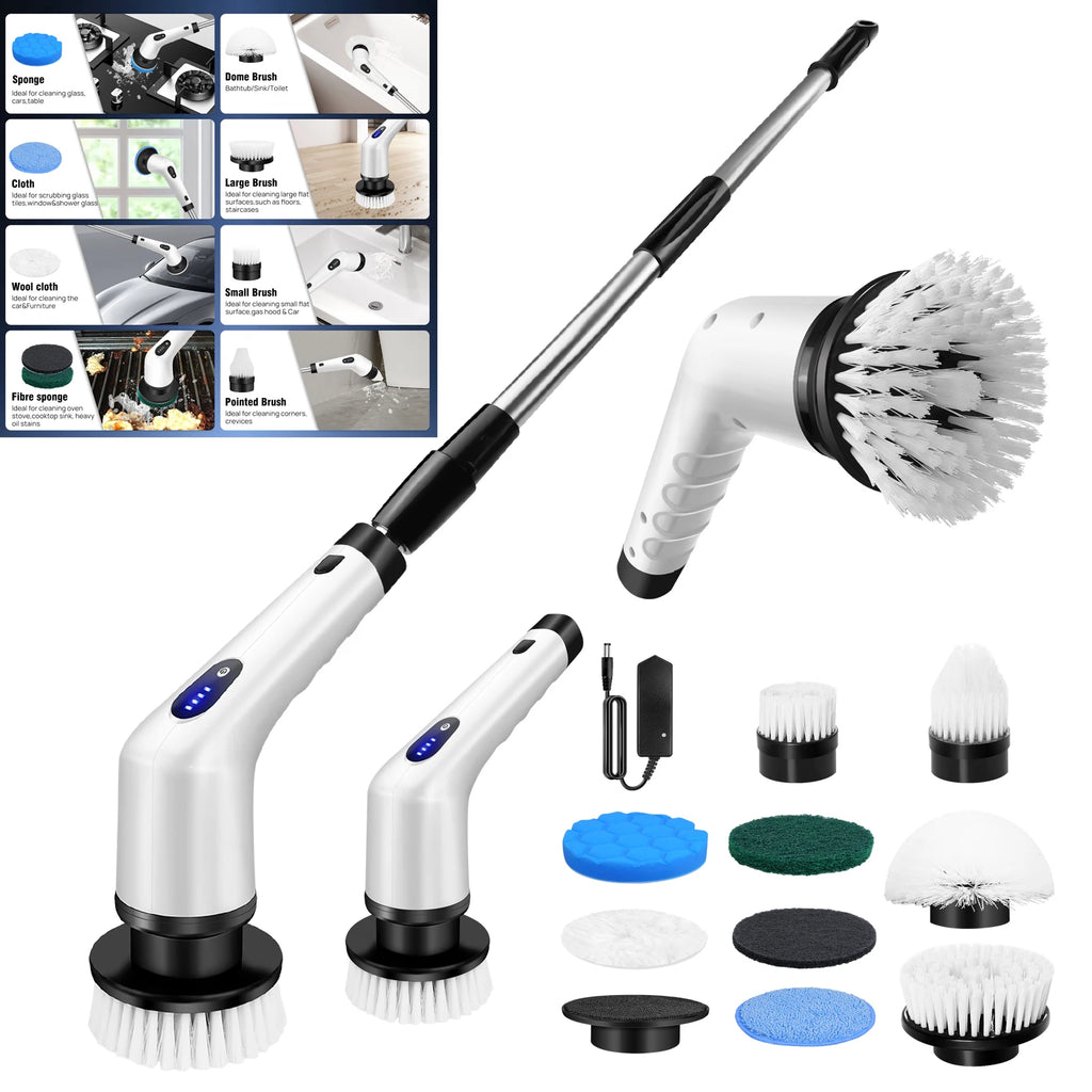 SIKAT PEMBERSIH ELEKTRIK TANPA KABEL 10 DALAM 1 SERBAGUNA | Multifunctional Cordless Electric Spin Scrubber with Long Handle & Replaceable Brushes