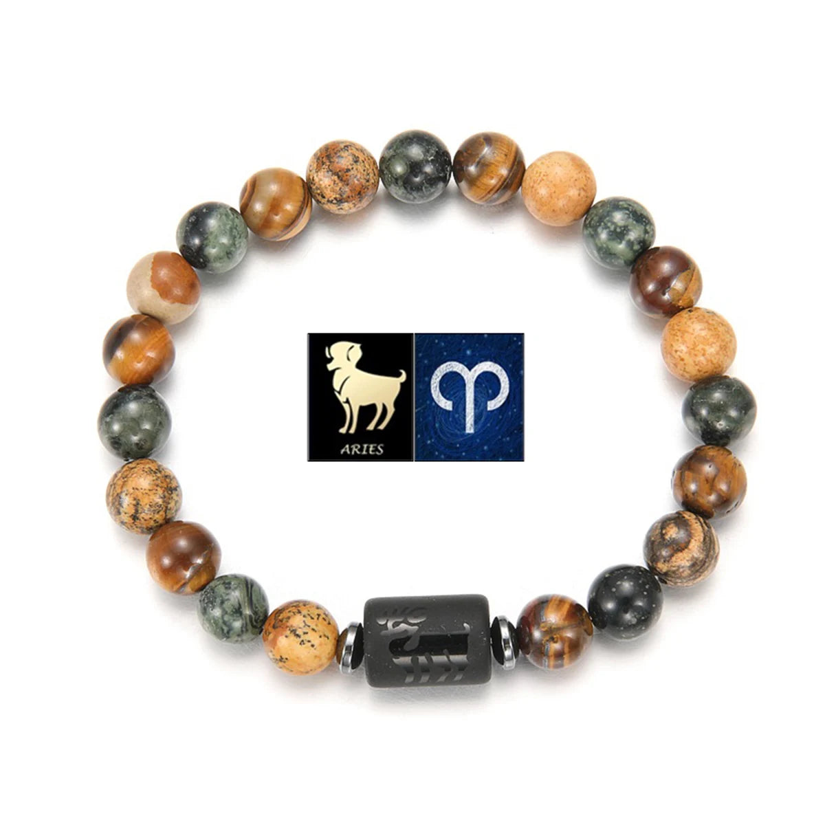 GELANG BATU ALAM MATA HARIO MOTIF 12 ZODIAK UNTUK PRIA | Men's Natural Stone Tiger Eye 12 Constellation Round Beads Bracelet Fashion Jewelry