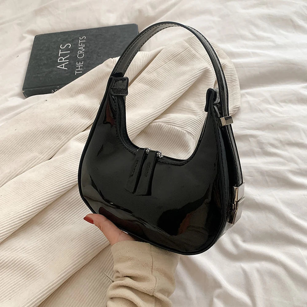 Women Half Moon Patent Leather Shoulder Bag Glossy Underarm Handbag 4 Colors