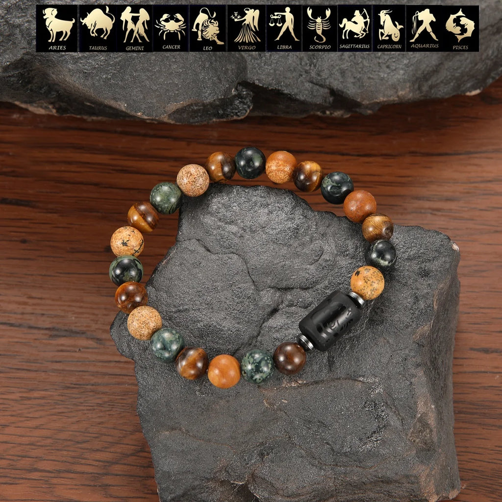 GELANG BATU ALAM MATA HARIO MOTIF 12 ZODIAK UNTUK PRIA | Men's Natural Stone Tiger Eye 12 Constellation Round Beads Bracelet Fashion Jewelry