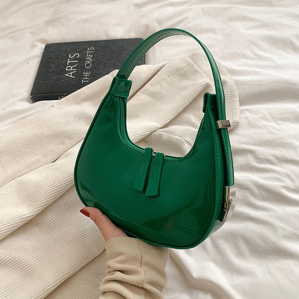 Women Half Moon Patent Leather Shoulder Bag Glossy Underarm Handbag 4 Colors