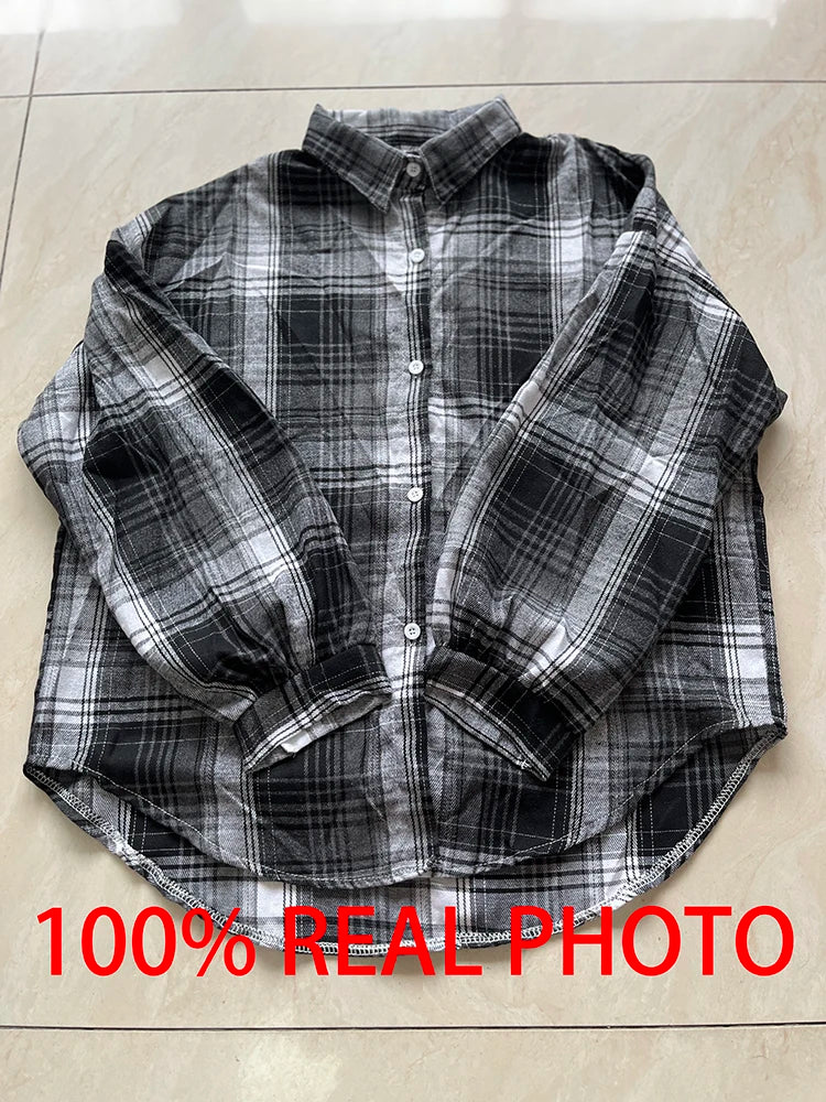 KEMEJA WANITA MOTIF KOTAK-KOTAK LENGAN PANJANG GAYA SANTAI & ELEGAN | Women's Plaid Shirt Long Sleeve Vintage Loose Casual Blouse Fashion