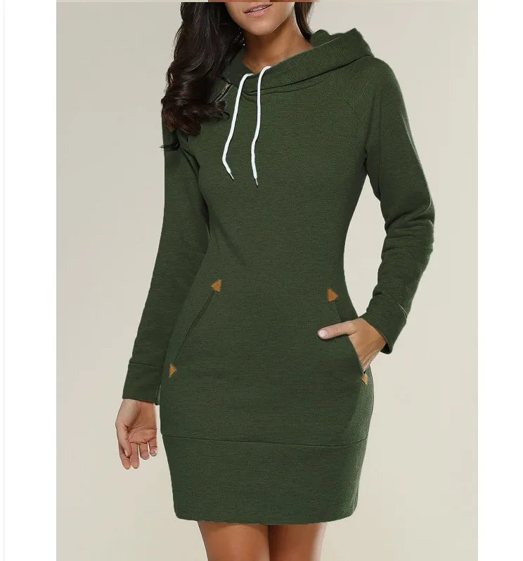 GAUN WANITA MODEL SWEATER BERKERUDUNG SANTAI & NYAMAN BAHAN HALUS | Women's Hooded Zipper Pullover Dress Casual Soft Comfortable Daily Wear