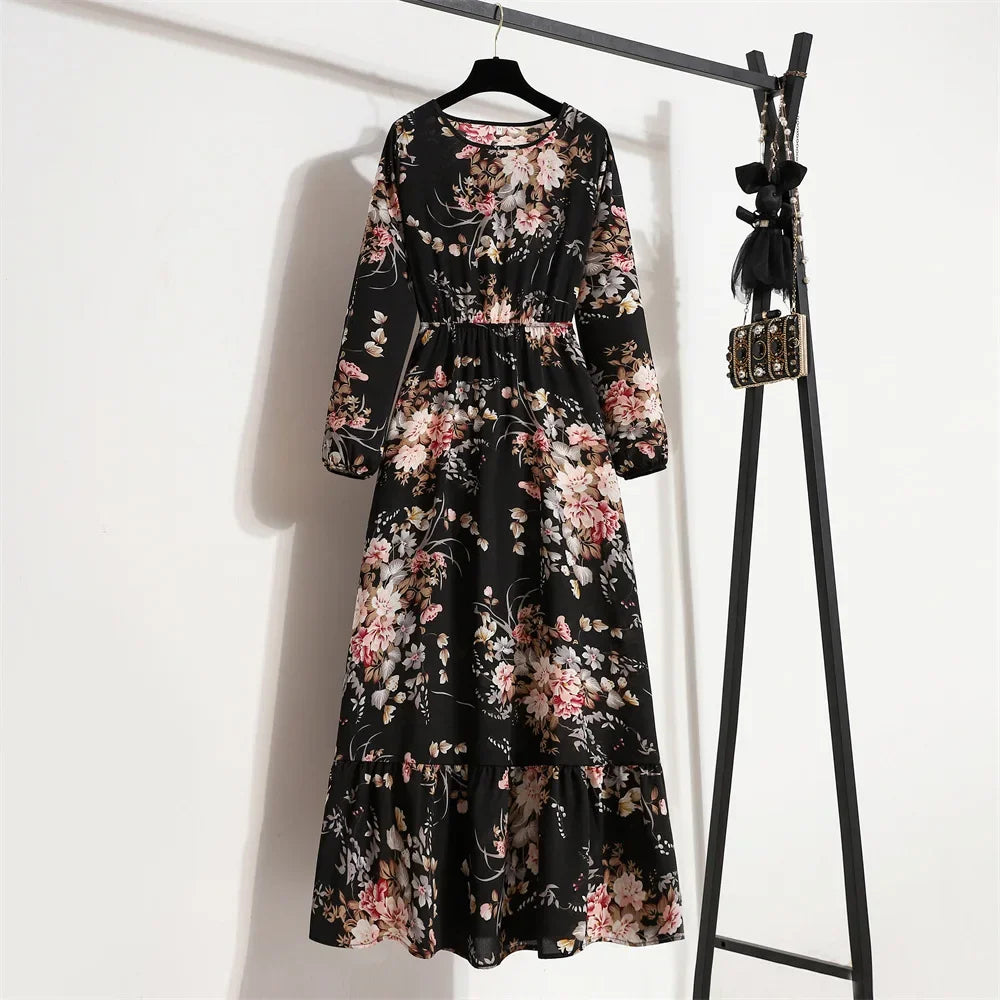 GAUN WANITA MUSLIM MOTIF BUNGA LENGAN PANJANG ELEGAN & SOPAN | Women's Muslim Floral Long Sleeve Dress Elegant O-Neck Ruffles Casual Wear