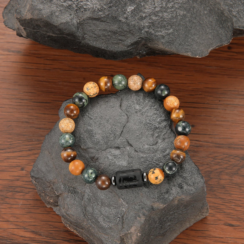 GELANG BATU ALAM MATA HARIO MOTIF 12 ZODIAK UNTUK PRIA | Men's Natural Stone Tiger Eye 12 Constellation Round Beads Bracelet Fashion Jewelry