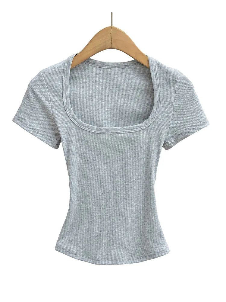 Women Slim Fit Square Neck Crop Top High Stretch Short Sleeve Basic Tee L Size