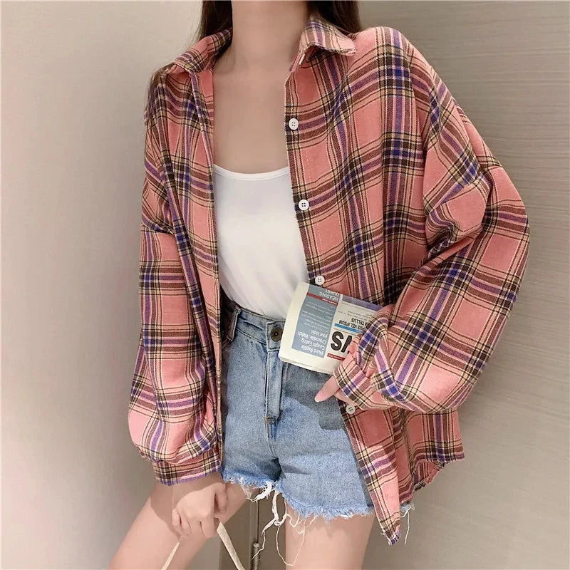 KEMEJA WANITA MOTIF KOTAK-KOTAK LENGAN PANJANG GAYA SANTAI & ELEGAN | Women's Plaid Shirt Long Sleeve Vintage Loose Casual Blouse Fashion