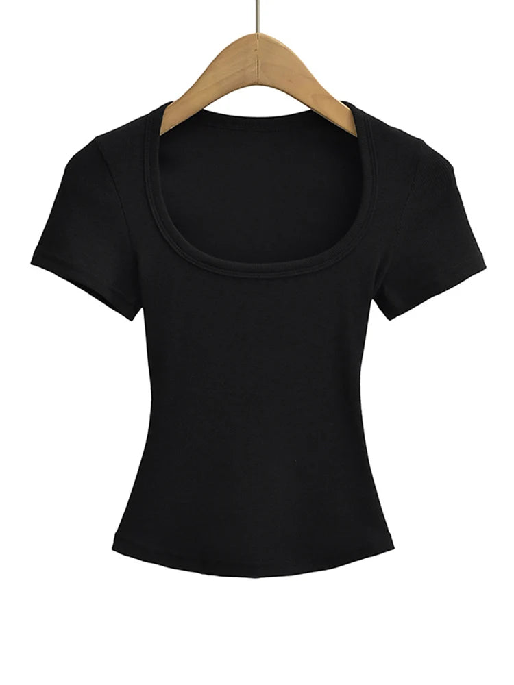 Women Slim Fit Square Neck Crop Top High Stretch Short Sleeve Basic Tee L Size