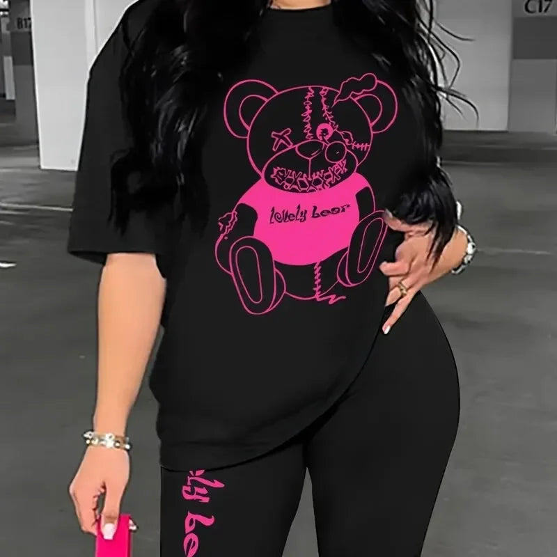 Women's Streetwear Bear Print T-Shirt + Pants Set Casual Loose Two-Piece Set XXL-XXXL