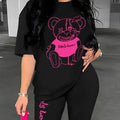 Women's Streetwear Bear Print T-Shirt + Pants Set Casual Loose Two-Piece Set XXL-XXXL