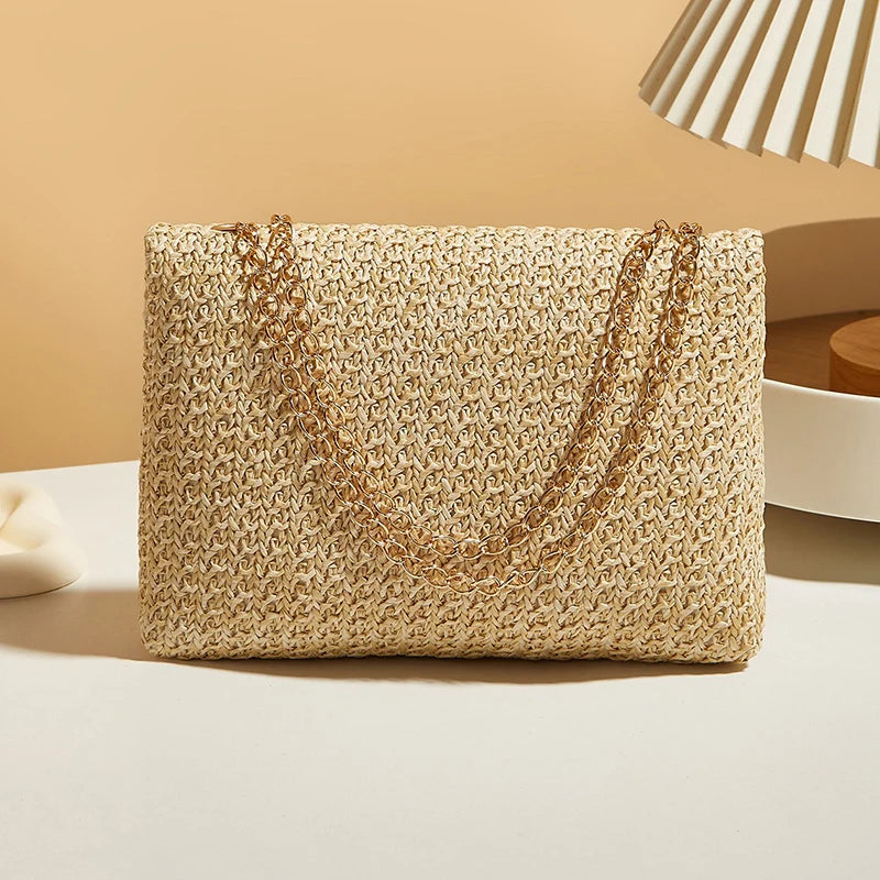 Women Straw Woven Lock Crossbody Bag Chain Strap Summer Mini Shoulder Bag