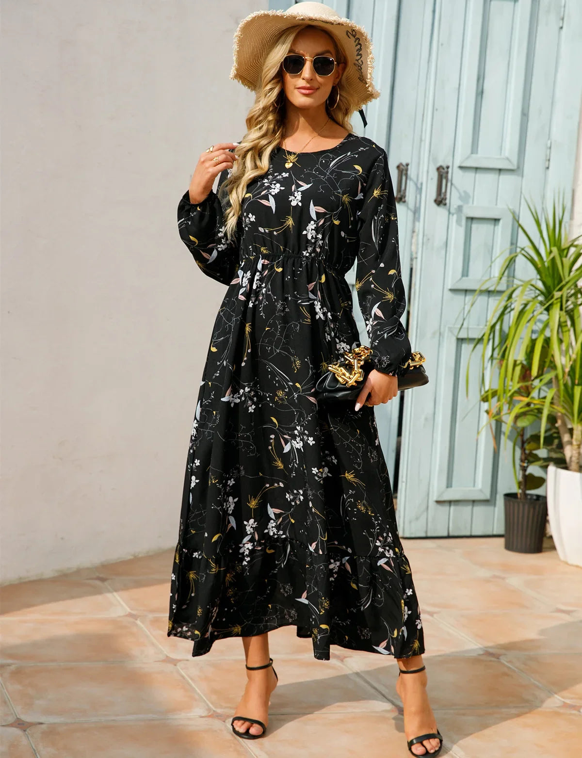 GAUN WANITA MUSLIM MOTIF BUNGA LENGAN PANJANG ELEGAN & SOPAN | Women's Muslim Floral Long Sleeve Dress Elegant O-Neck Ruffles Casual Wear