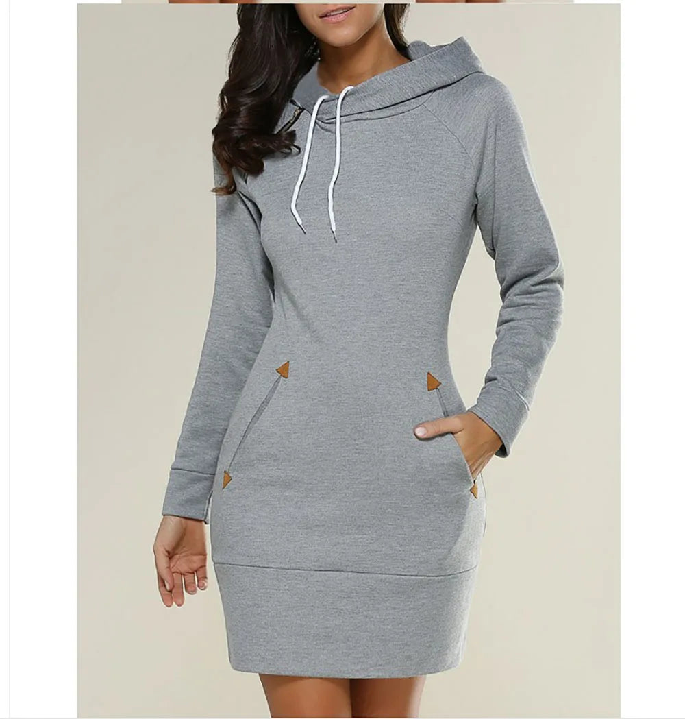 GAUN WANITA MODEL SWEATER BERKERUDUNG SANTAI & NYAMAN BAHAN HALUS | Women's Hooded Zipper Pullover Dress Casual Soft Comfortable Daily Wear