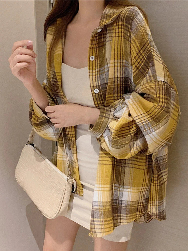 KEMEJA WANITA MOTIF KOTAK-KOTAK LENGAN PANJANG GAYA SANTAI & ELEGAN | Women's Plaid Shirt Long Sleeve Vintage Loose Casual Blouse Fashion