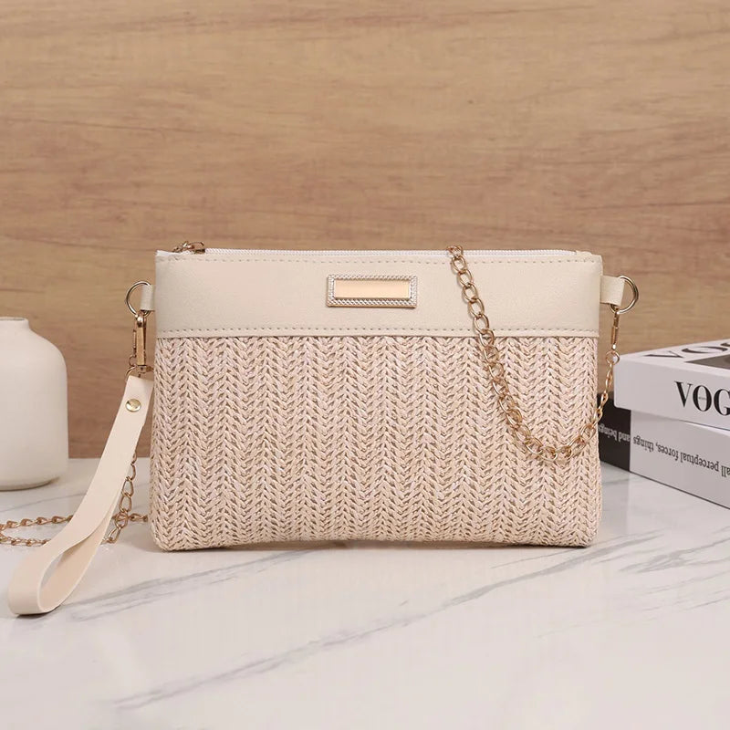 Women Straw Woven Crossbody Bag Chain Strap Summer Casual Handbag 2 Colors