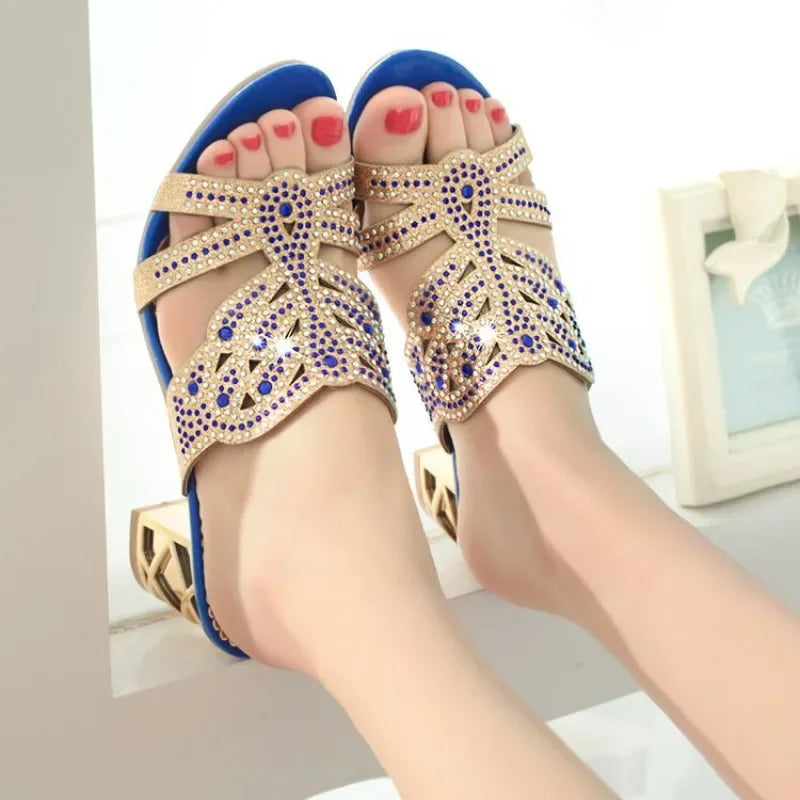 SANDAL WANITA MUSIM PANAS HIASAN PERMATA HAK TEBAL NYAMAN & ELEGAN | Women's Summer Rhinestone Thick Heel Sandals Open Toe Comfortable Party Casual Wear