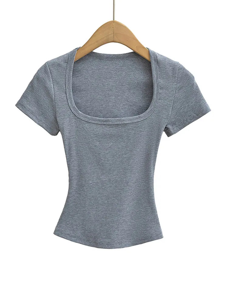 Women Slim Fit Square Neck Crop Top High Stretch Short Sleeve Basic Tee L Size