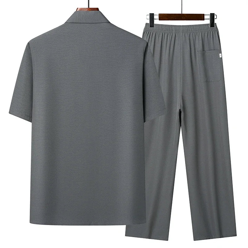 (Top + Pants) Summer Leisure All Match Middle-aged and Elderly Dad Men's Fashion Trend Grandpa Loose Lapel Half-sleeve Shirt Set